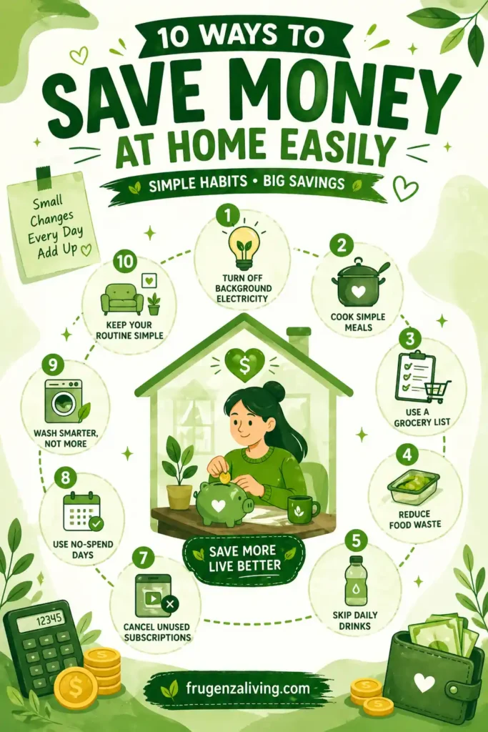 save money at home infographic showing 10 simple habits to reduce expenses