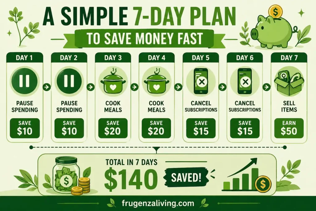 weekly money saving plan low income showing pause spending cook meals and sell items