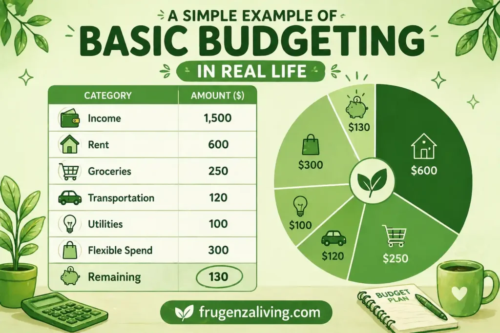 Simple budgeting example for beginners showing income, expenses, and remaining money in a real-life scenario
