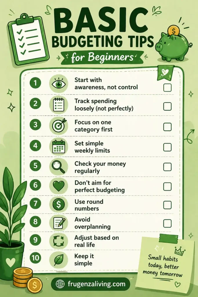 Basic budgeting tips checklist infographic for beginners with simple actionable steps and money habits