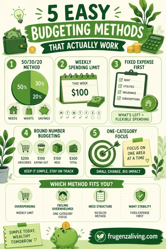Infographic of easy budgeting methods showing 50/30/20 rule, weekly spending limit, and simple money management techniques