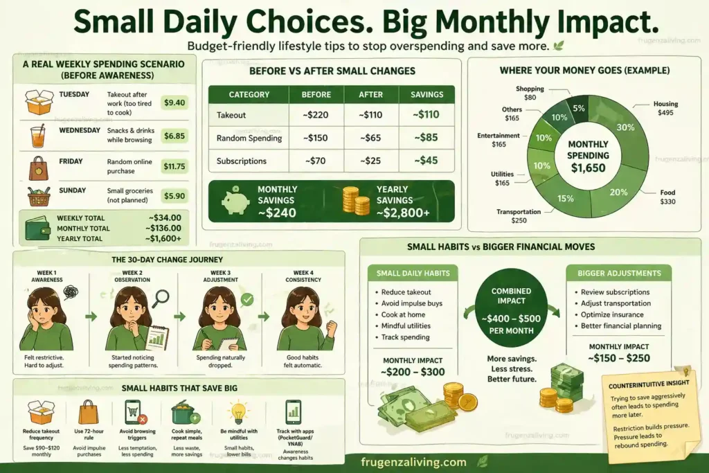 Infographic showing budget friendly lifestyle tips with monthly and yearly savings breakdown from daily spending habits
