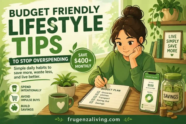 Budget friendly lifestyle tips illustration showing simple habits to reduce expenses and save money every month
