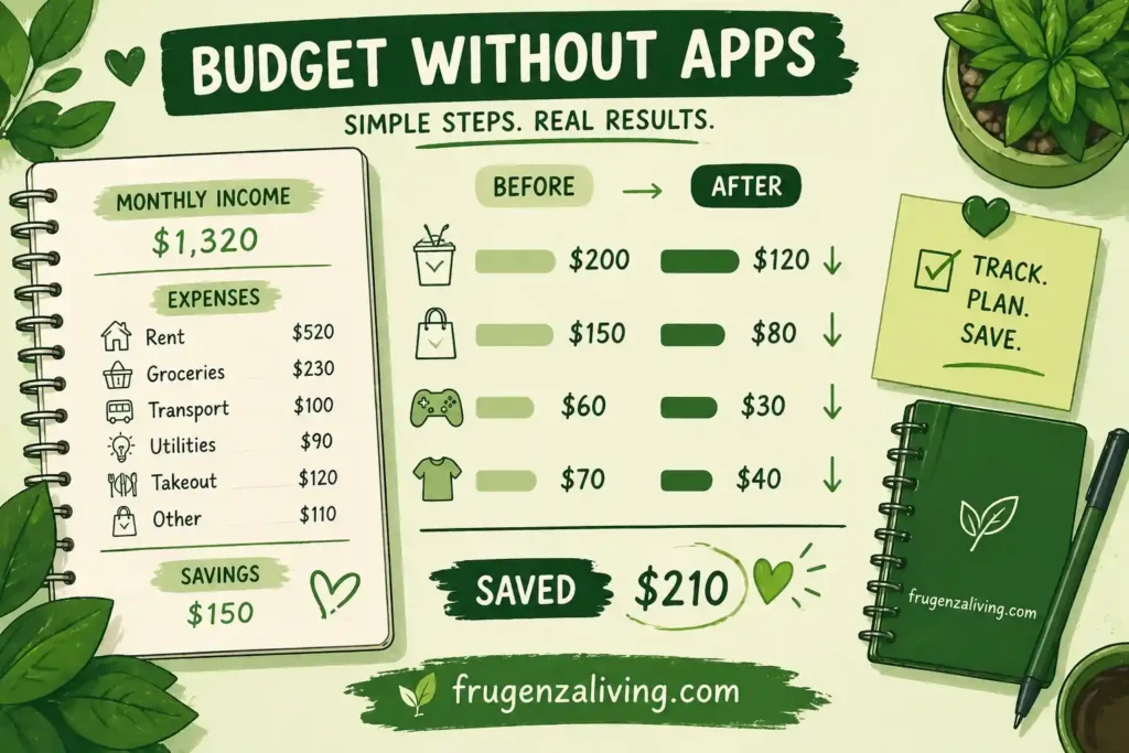 Budget without apps infographic showing simple steps, spending comparison, and savings results using manual budgeting method