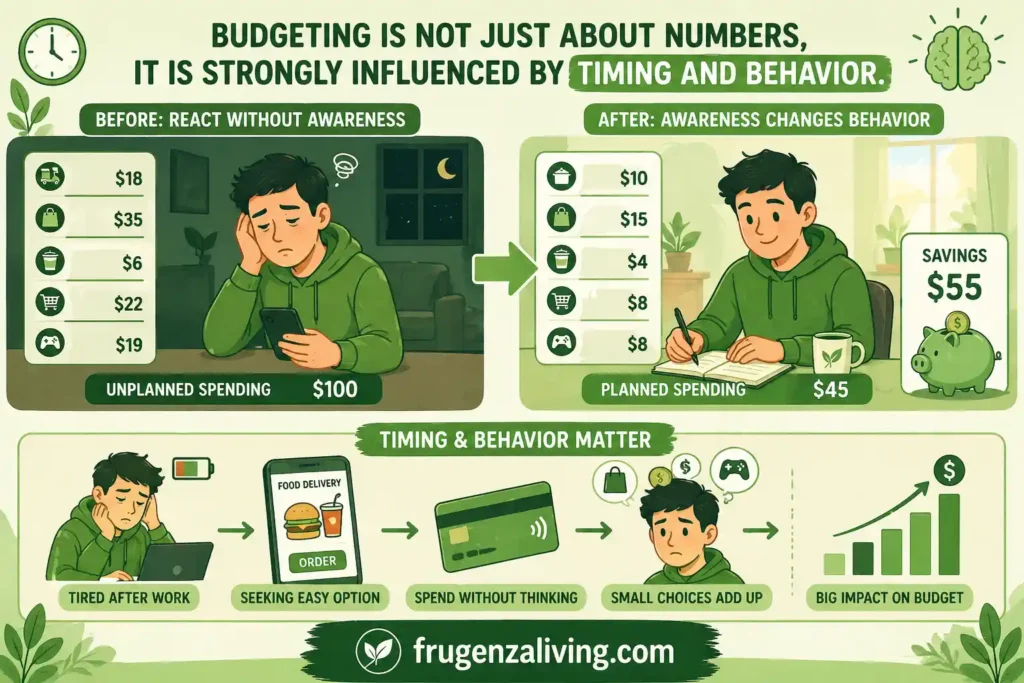 Budgeting behavior illustration showing how timing and habits influence spending decisions and financial outcomes
