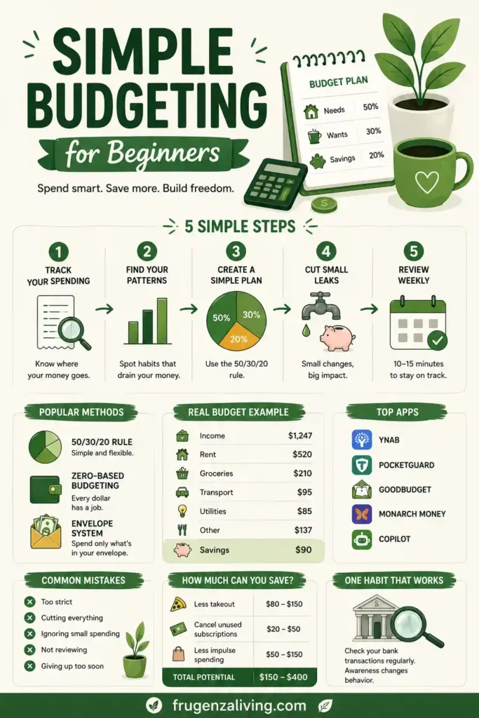 Simple budgeting infographic showing steps to track spending, create budget plan, and save money