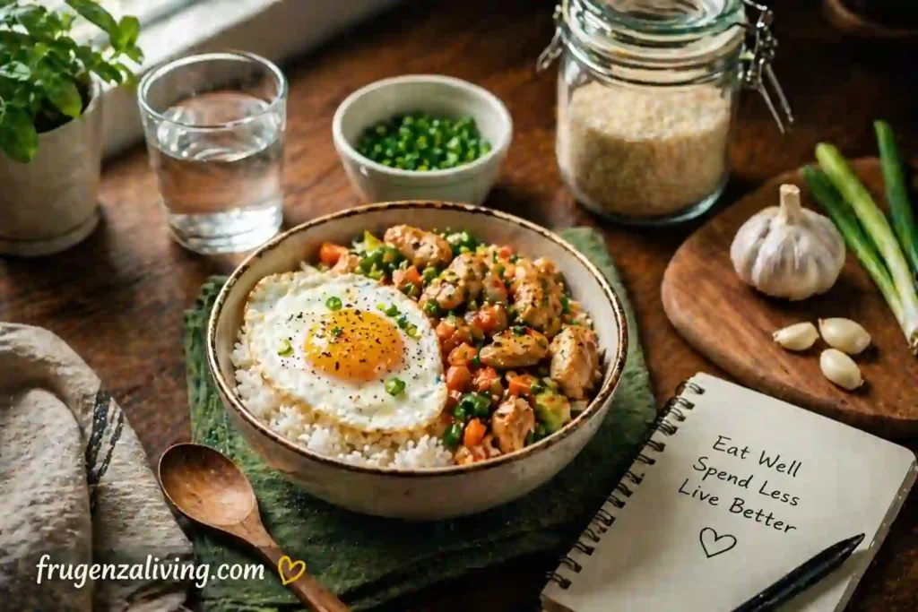 easy cheap meals for one person with rice, egg, and simple home cooking