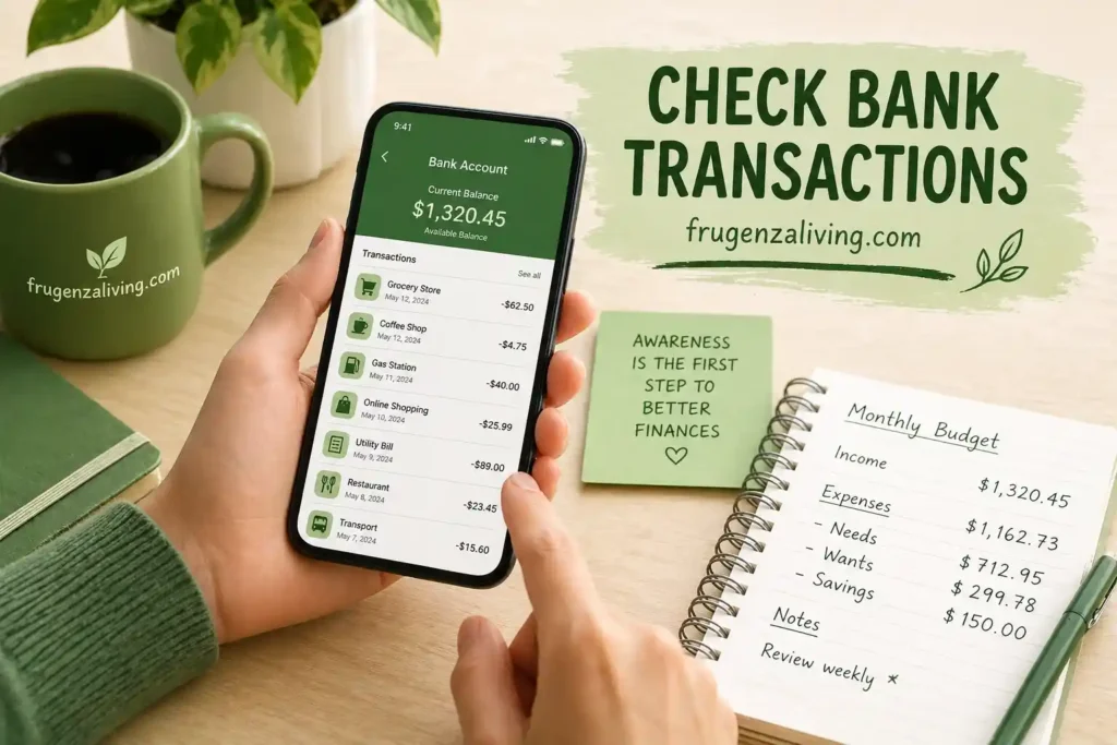 Checking bank transactions on smartphone as part of budgeting without apps to track expenses and improve financial awareness