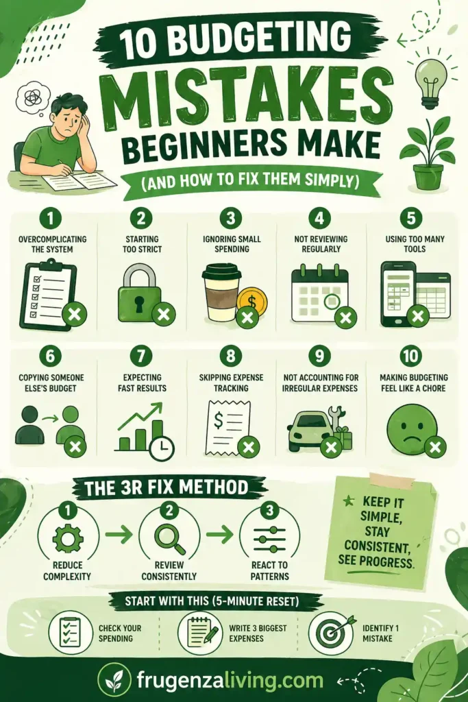 beginner budgeting mistakes checklist simple financial improvement infographic
