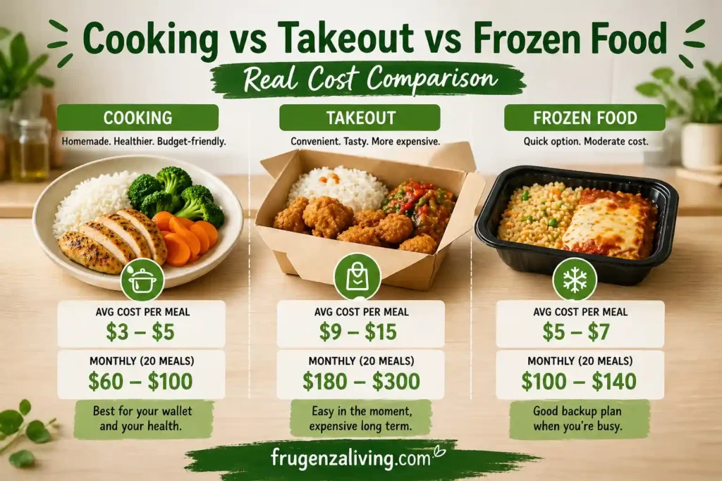 Comparison of food costs between home cooking, takeout, and frozen meals to help save money on food