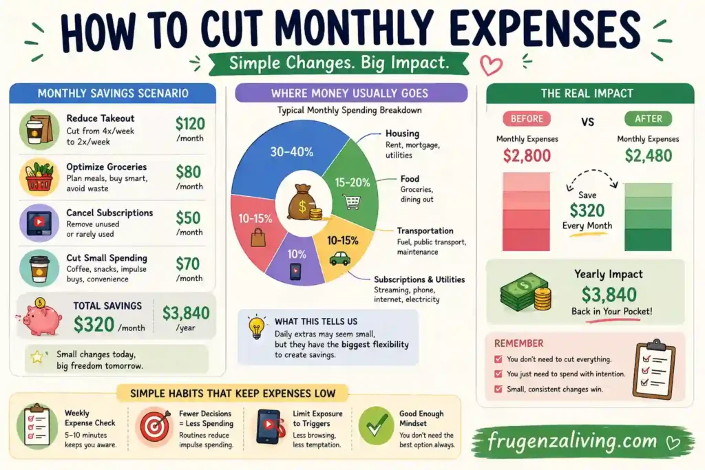 simple breakdown of monthly expenses with categories and cost saving strategy infographic