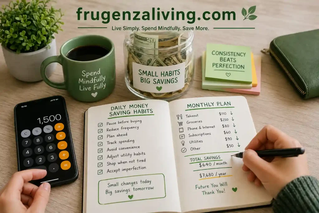 Real example of daily money saving habits using a notebook budget plan, calculator, and expense tracking at home