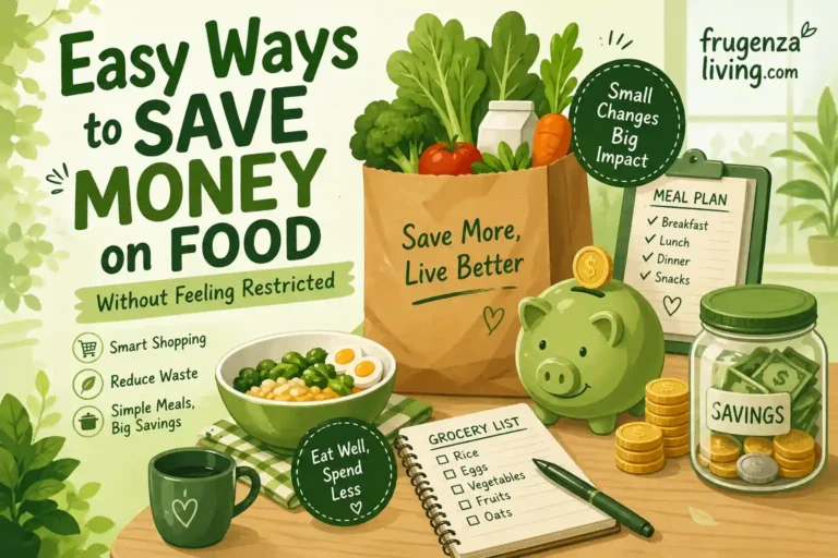 Easy ways to save money on food illustration showing simple habits like reducing takeout, meal planning, and saving on groceries