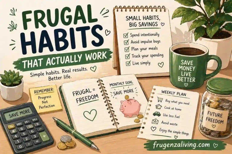 frugal habits that actually work with calculator and daily spending checklist illustration