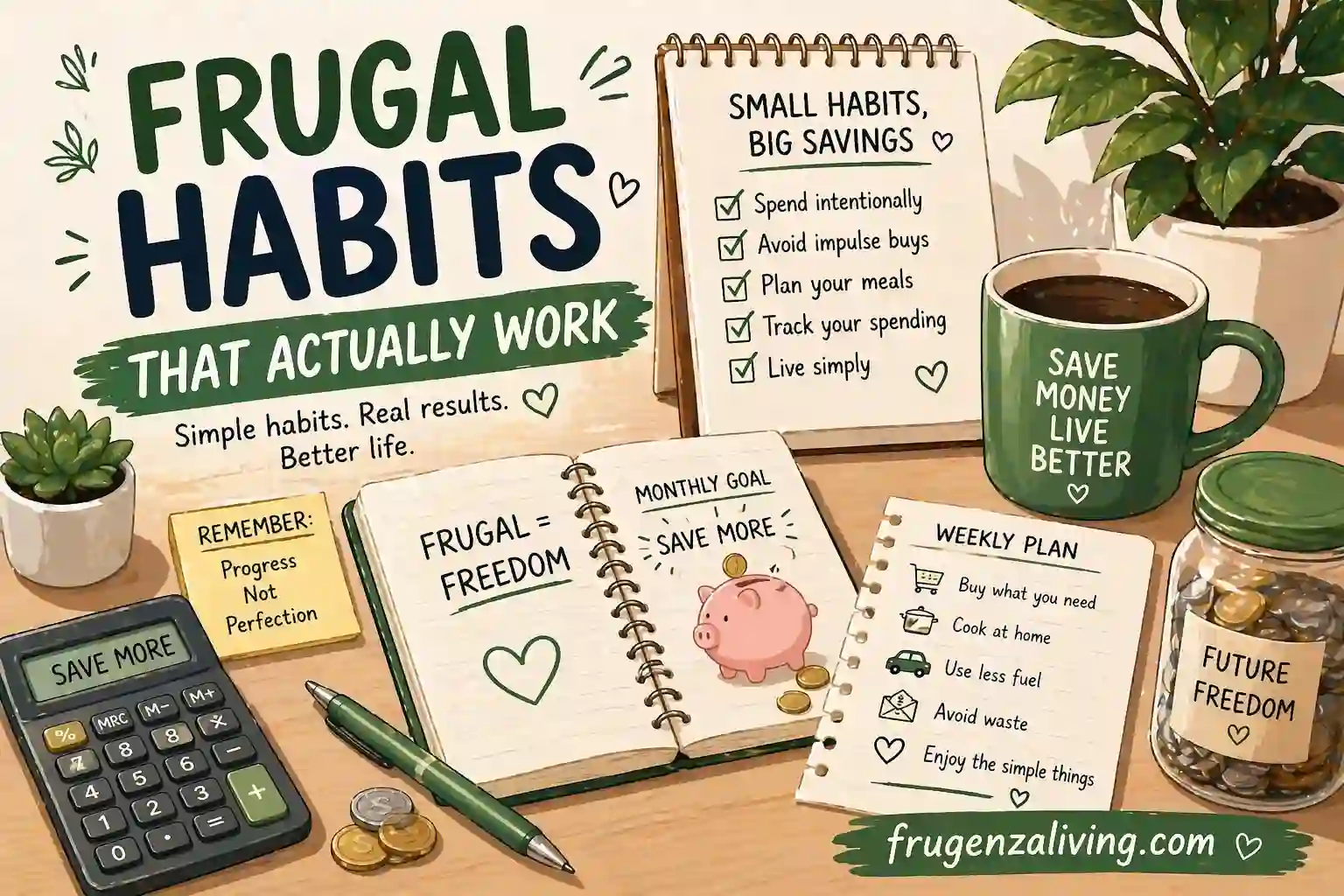 frugal habits that actually work with calculator and daily spending checklist illustration