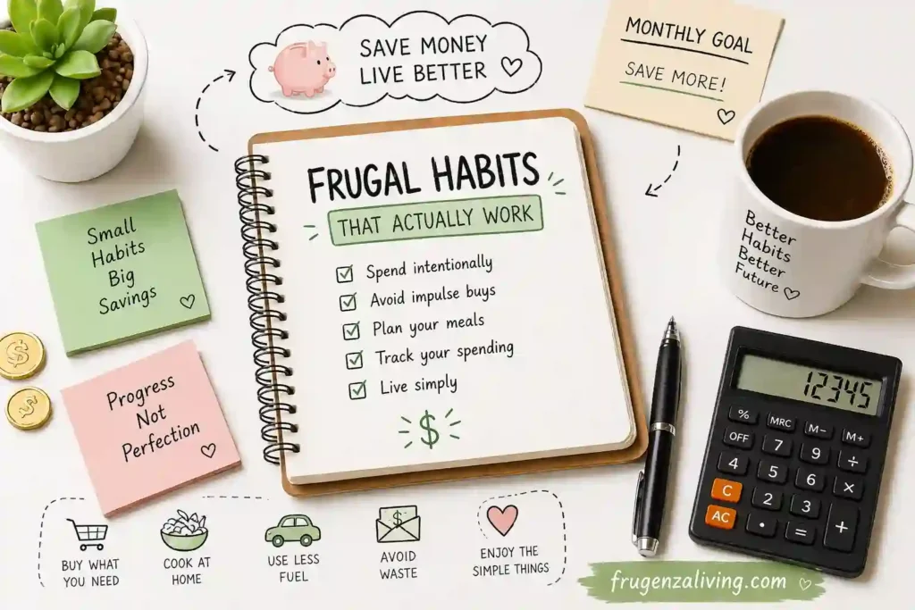 "simple money habits illustration showing frugal living tips with calculator and savings plan"