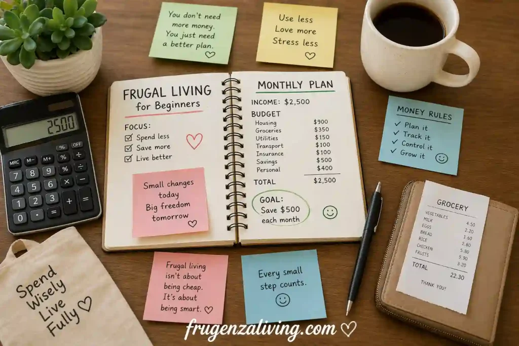 frugal living setup with calculator notebook and grocery budget planning for beginners