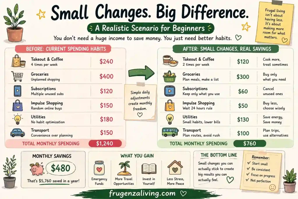 how to start frugal living for beginners with monthly budget and saving plan illustration"