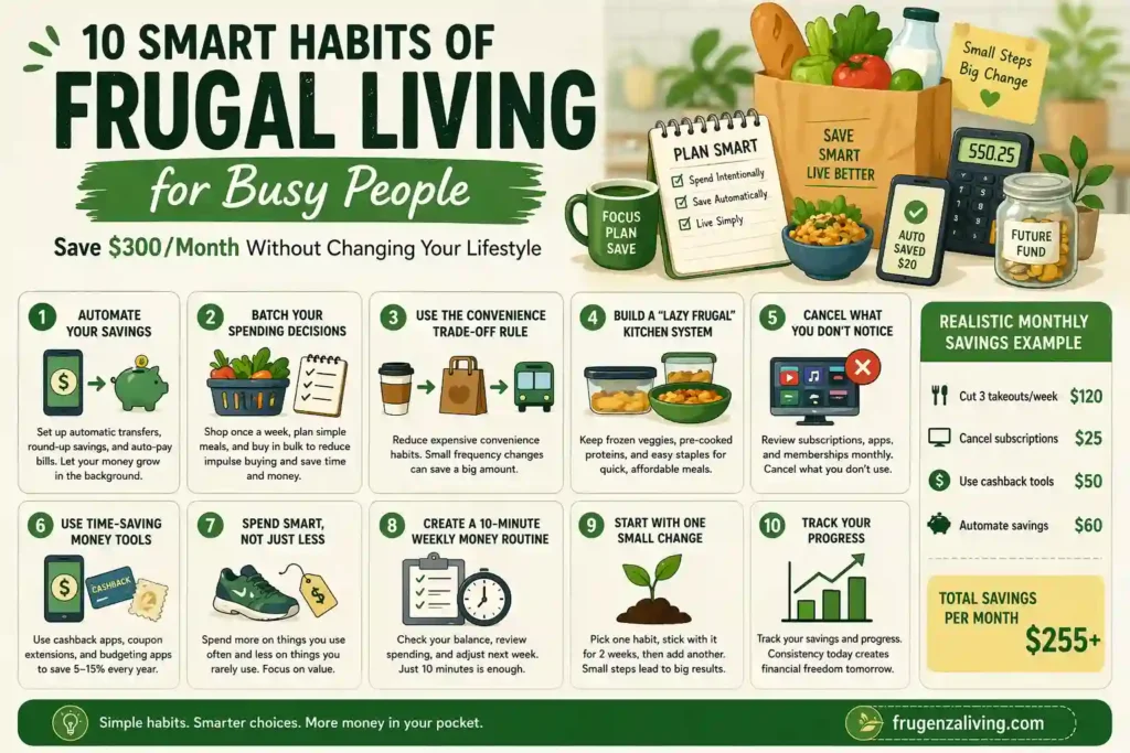 frugal living for busy people concept with groceries, calculator, and money saving tips illustration