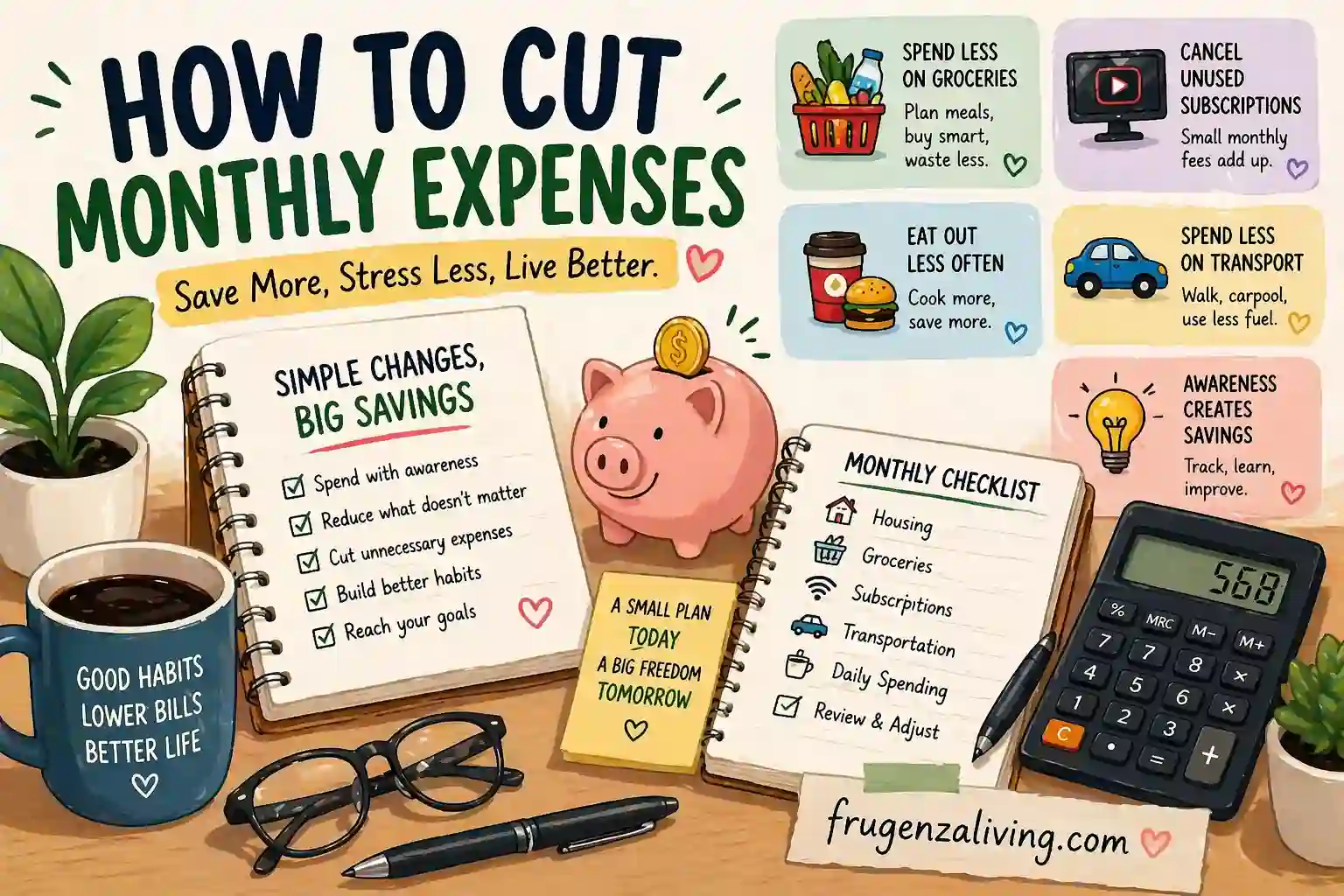 monthly expenses reduction showing realistic savings scenario and budget categories