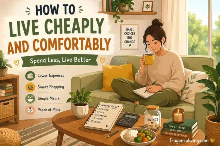 how to live cheaply and comfortably infographic showing monthly expenses comparison and smart spending habits