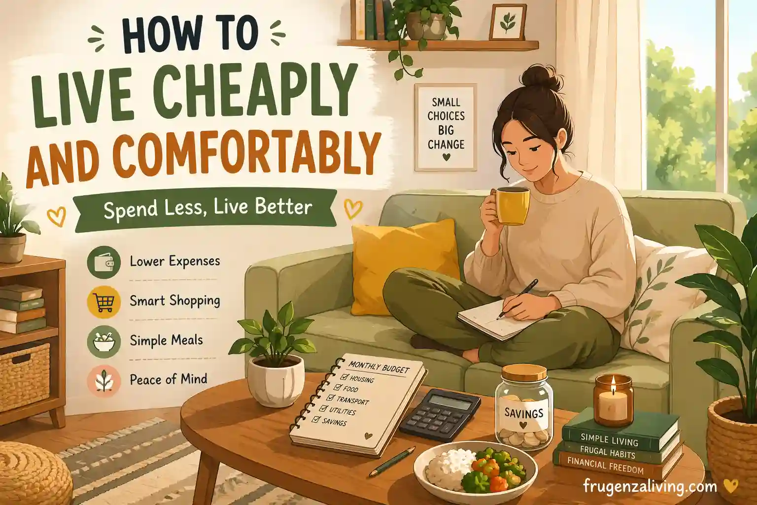 how to live cheaply and comfortably infographic showing monthly expenses comparison and smart spending habits
