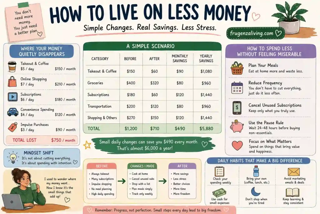 how to live on less money infographic showing monthly savings scenario and daily expense breakdown"