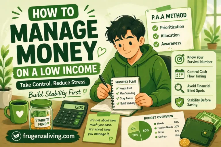 How to manage money on a low income illustration showing simple budgeting, expense control, and financial stability