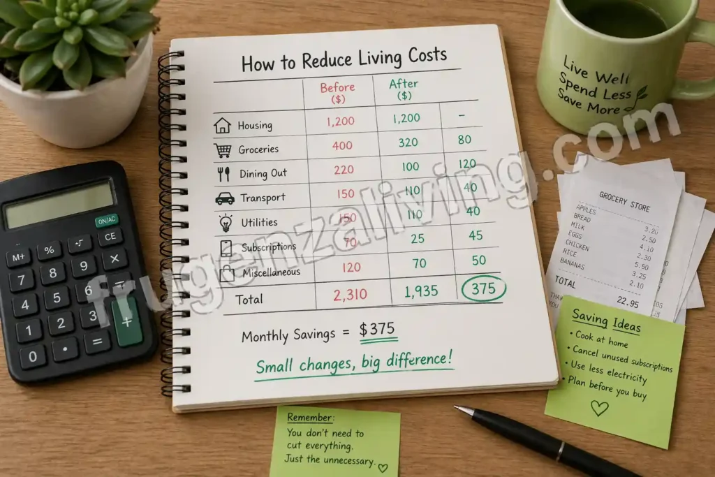Notebook showing before and after expenses to reduce living costs with a calculator and receipts