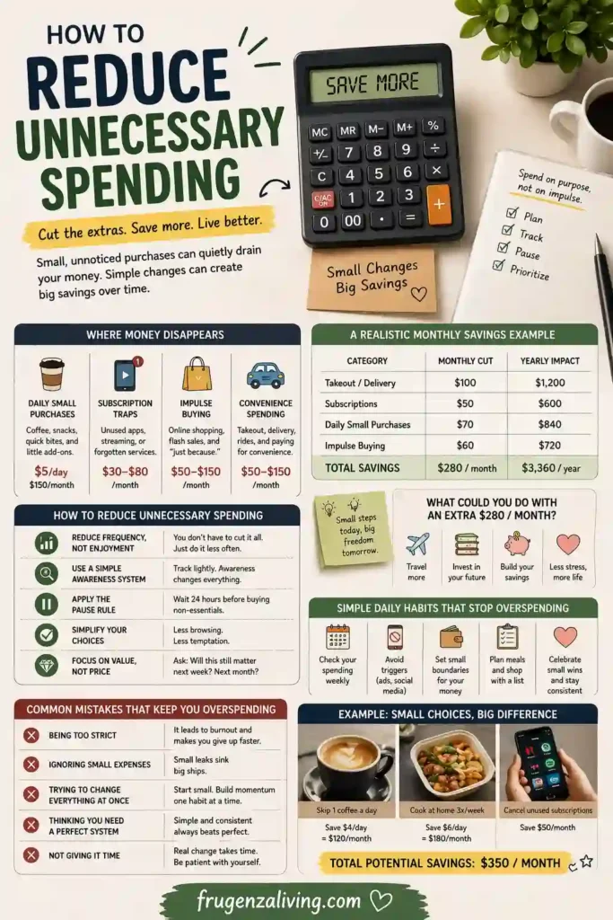 how to reduce unnecessary spending infographic with calculator and monthly savings breakdown