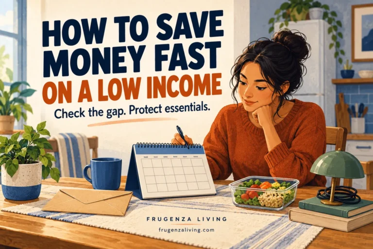 Illustration of an adult checking a payment calendar beside an envelope, a packed meal, and an item to sell.