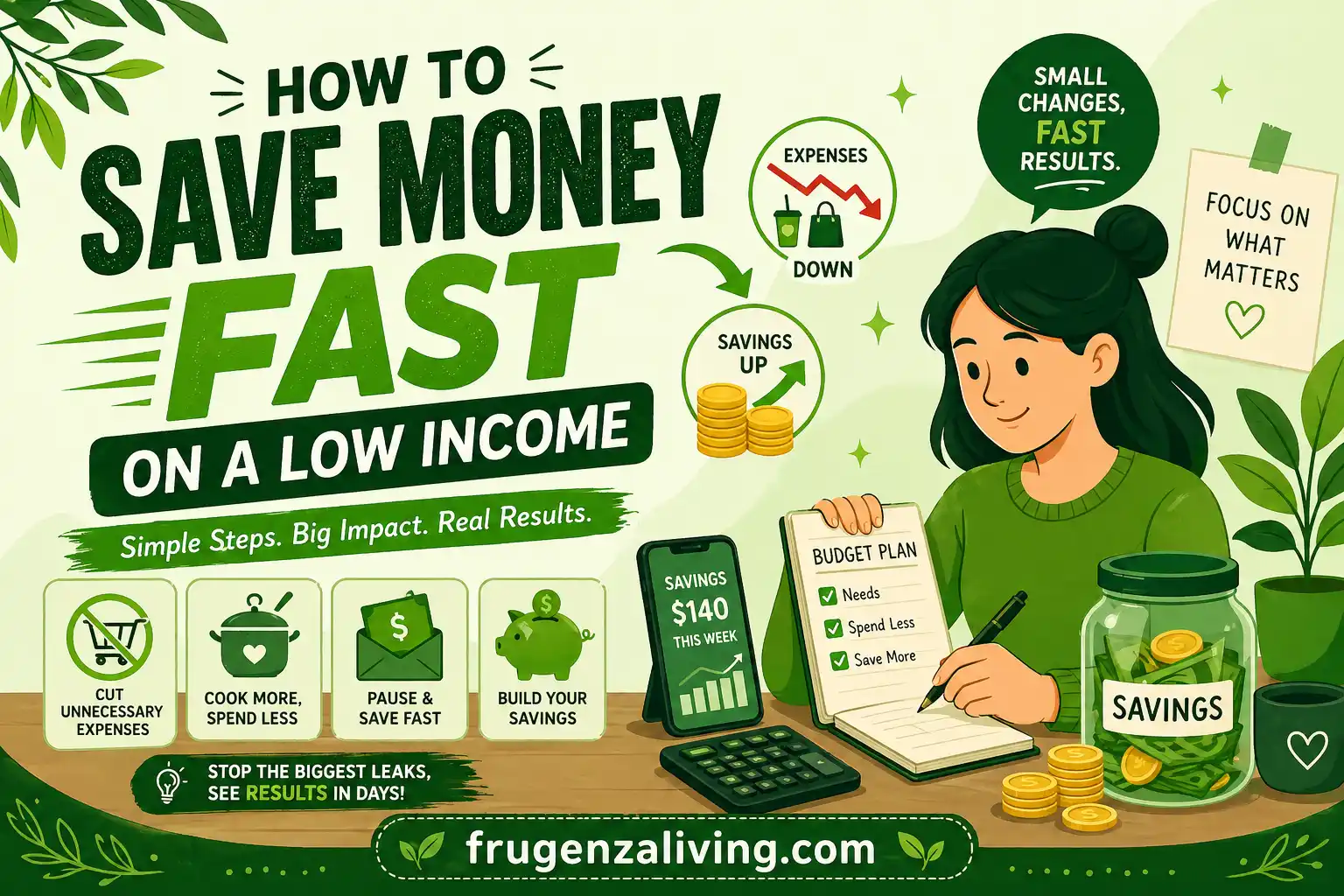 how to save money fast on a low income illustration with budget planning and savings concept