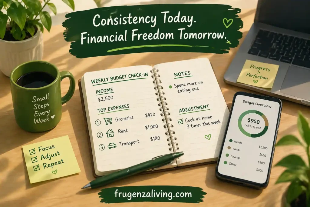 real life budgeting example desk setup with notebook phone and expense tracking