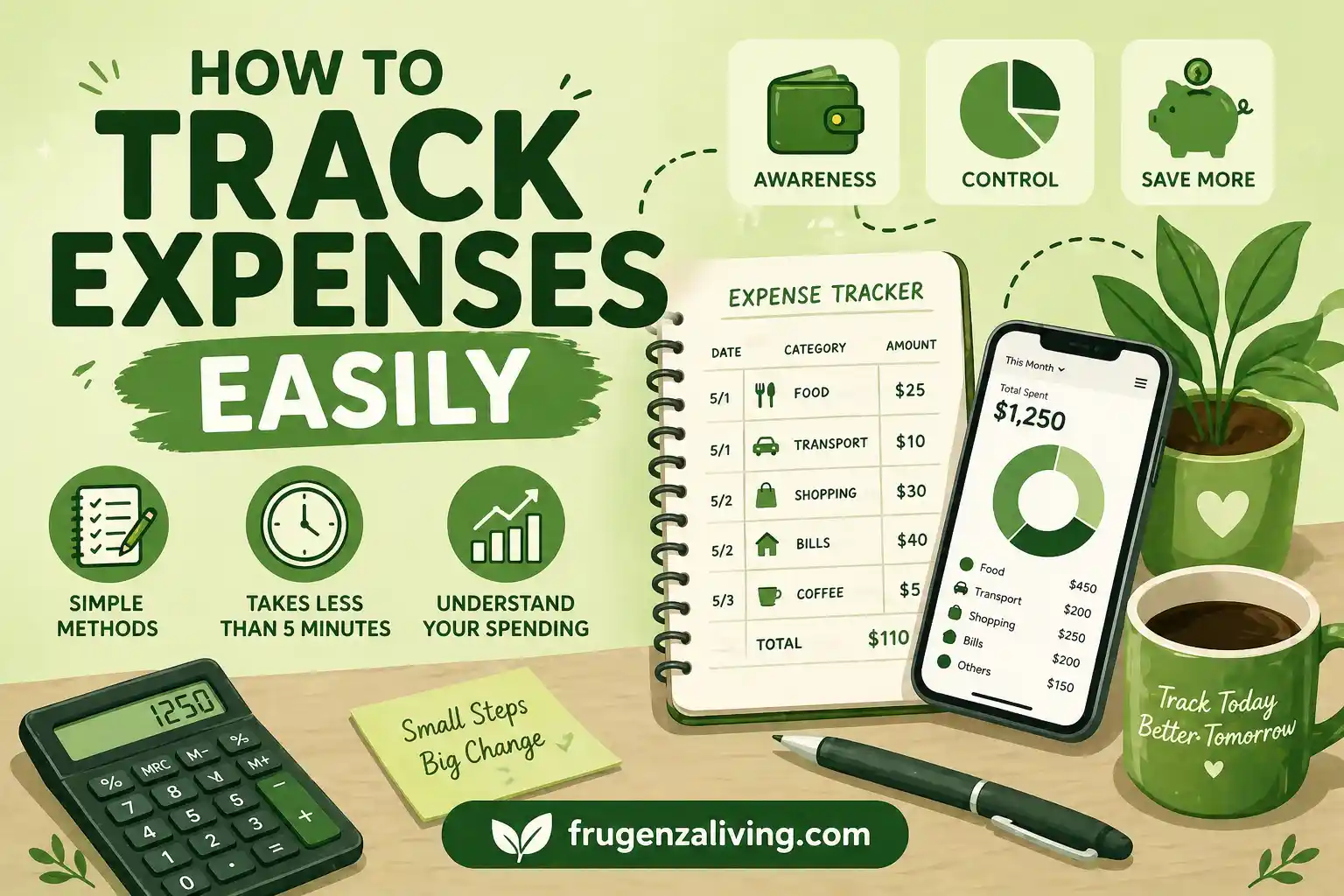 How to track expenses easily illustration showing simple daily money tracking and spending awareness