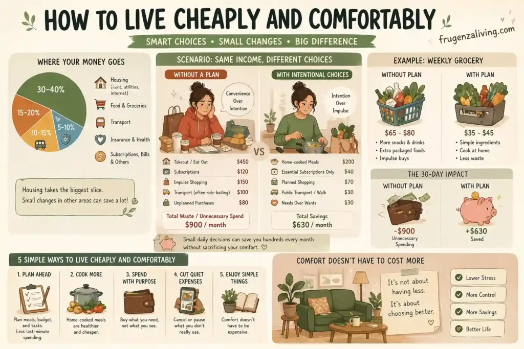 visual scenario of living cheaply and comfortably with budget comparison and savings