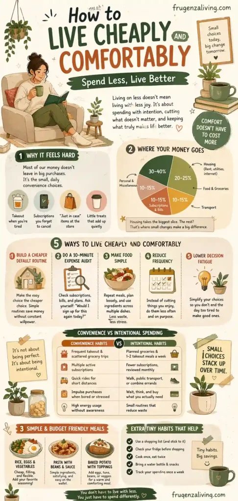 frugal living infographic comparing spending habits and reducing monthly expenses