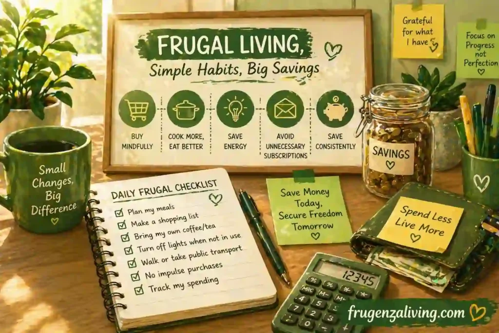 frugal living habits illustration with daily checklist and simple budgeting tips