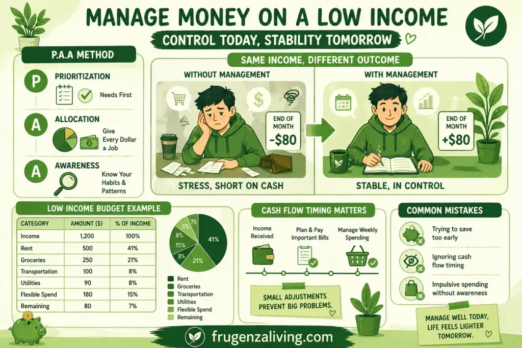 Low income budgeting infographic showing PAA method, budget flow, and simple financial management strategies