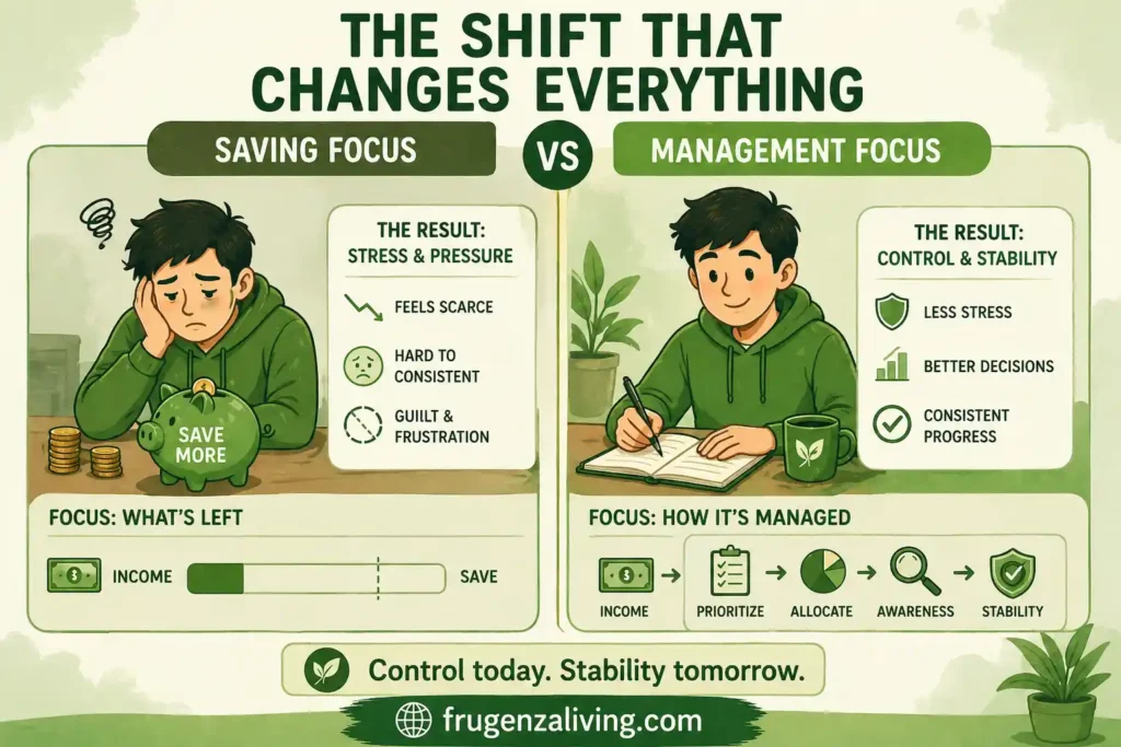 Comparison of saving vs money management on a low income showing difference between stress and financial stability