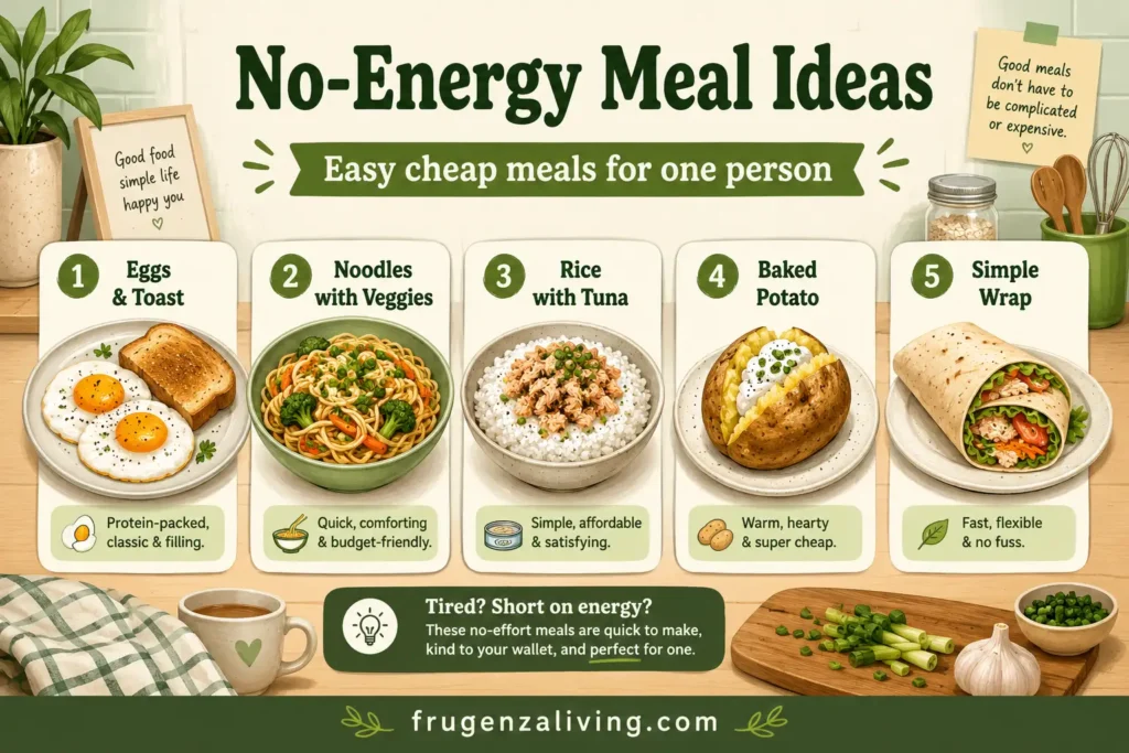 Easy cheap meals for one person infographic with no-energy meal ideas for busy days