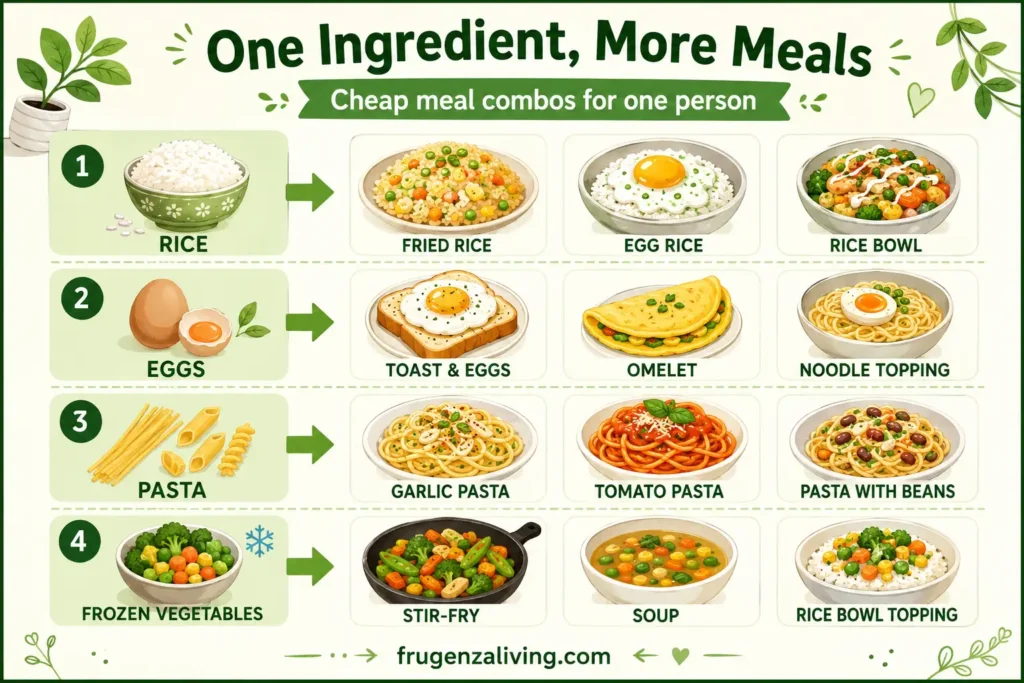 One ingredient more meals infographic showing cheap meal combos for one person using rice eggs pasta and frozen vegetables