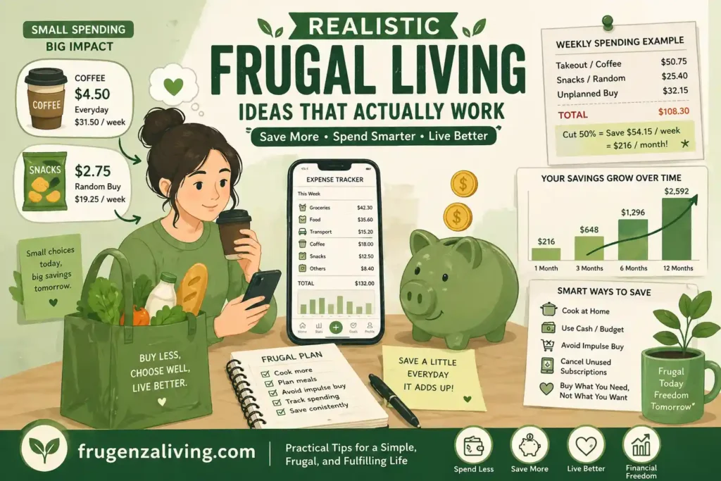 Infographic showing realistic frugal living ideas with daily spending examples, savings growth, and simple budgeting habits