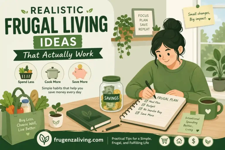 Realistic frugal living ideas illustration showing simple habits like budgeting, meal planning, and saving money daily