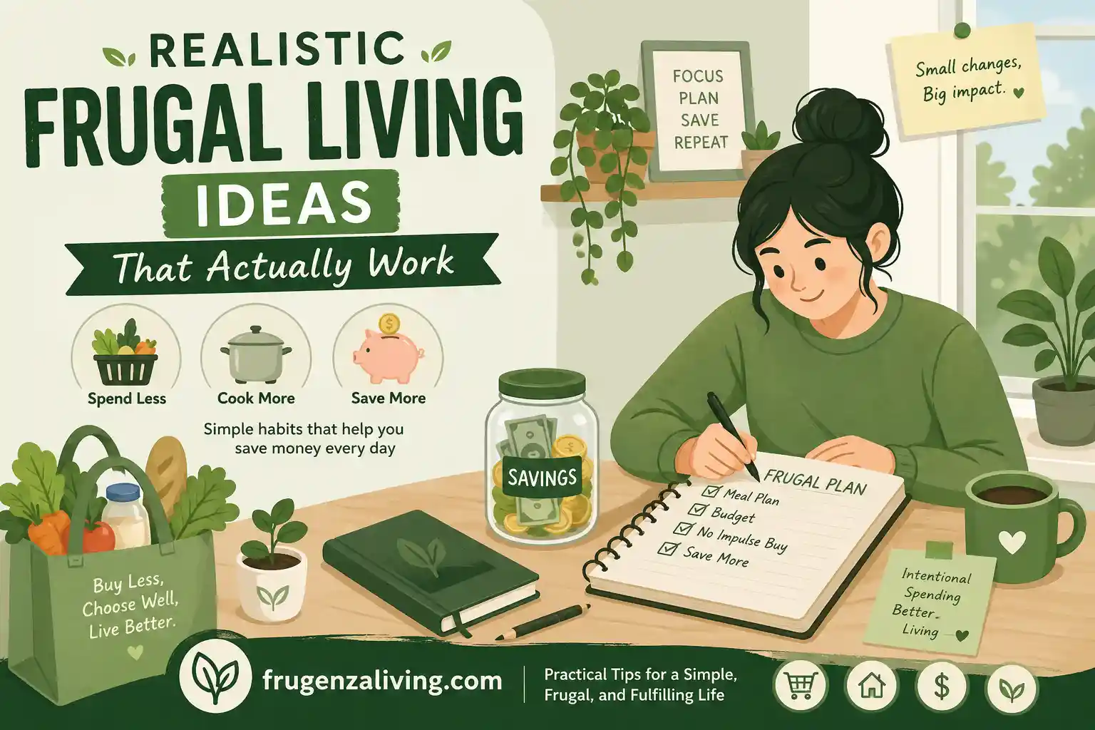 Realistic frugal living ideas illustration showing simple habits like budgeting, meal planning, and saving money daily