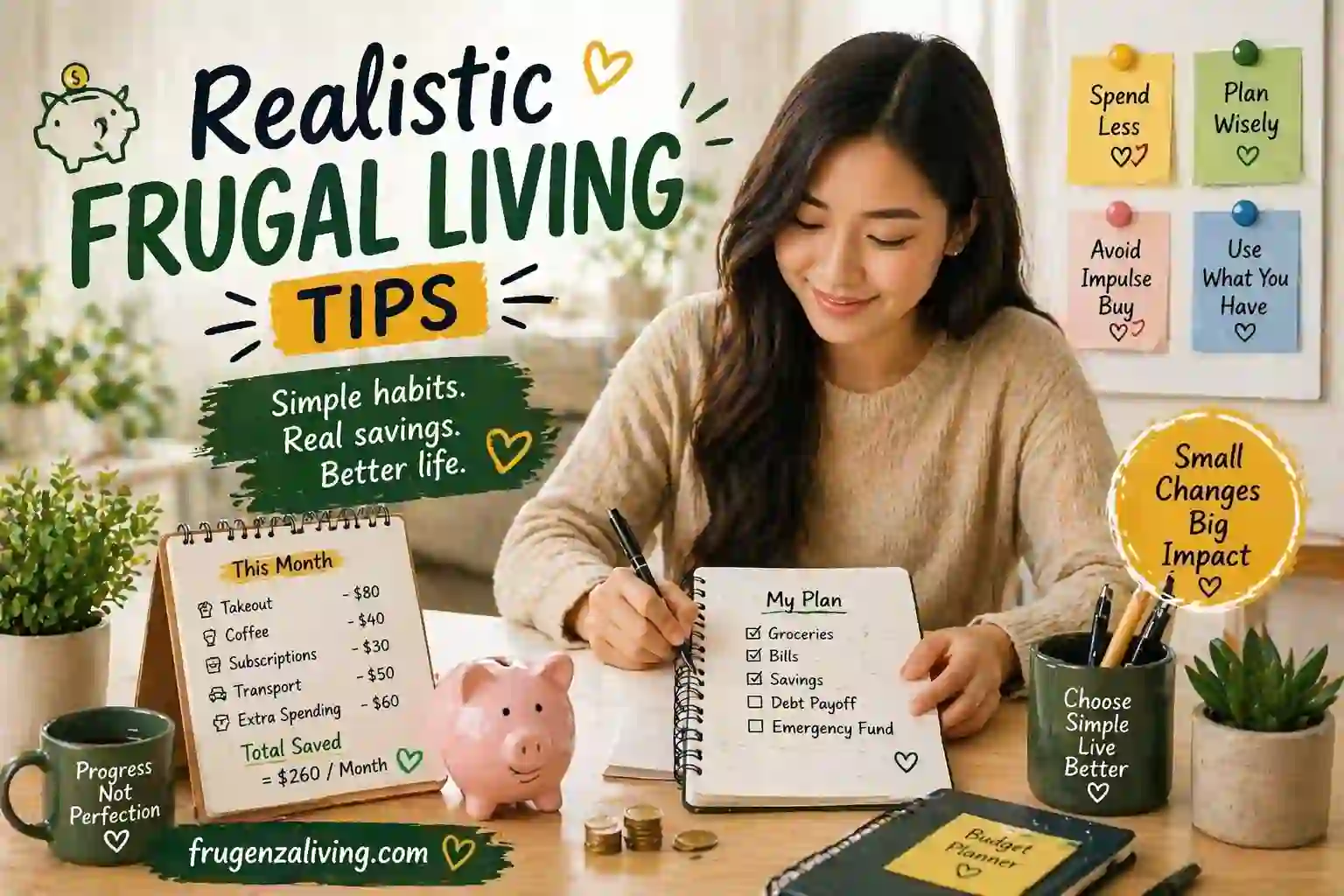 realistic frugal living tips illustration with budgeting notebook and daily expense planning