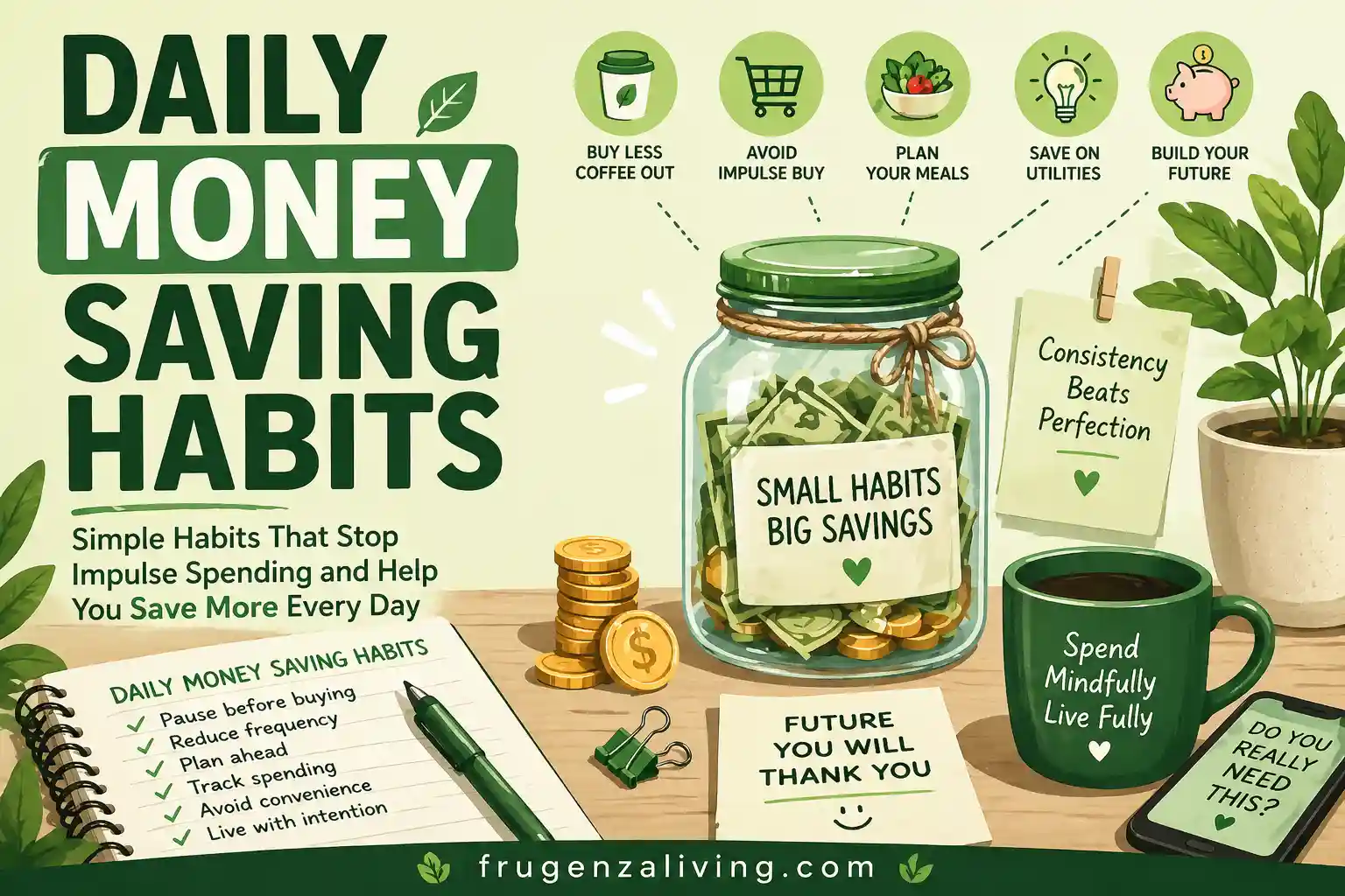 Simple daily money saving habits shown through budgeting notes and tracking monthly expenses