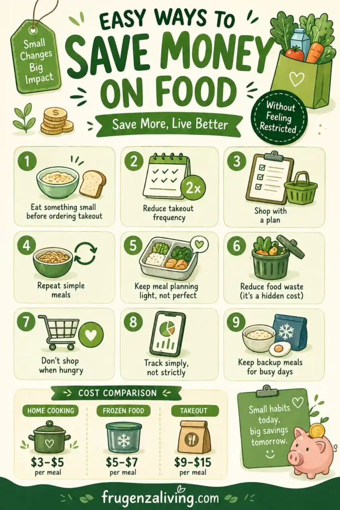 Infographic showing easy ways to save money on food with tips like eating before ordering, reducing takeout, and avoiding food waste