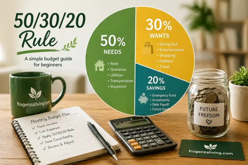 50/30/20 budgeting rule chart showing needs, wants, and savings allocation for beginners