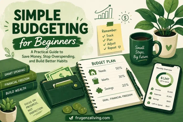 Simple budgeting for beginners illustration showing budgeting plan, tracking expenses, and saving money habits