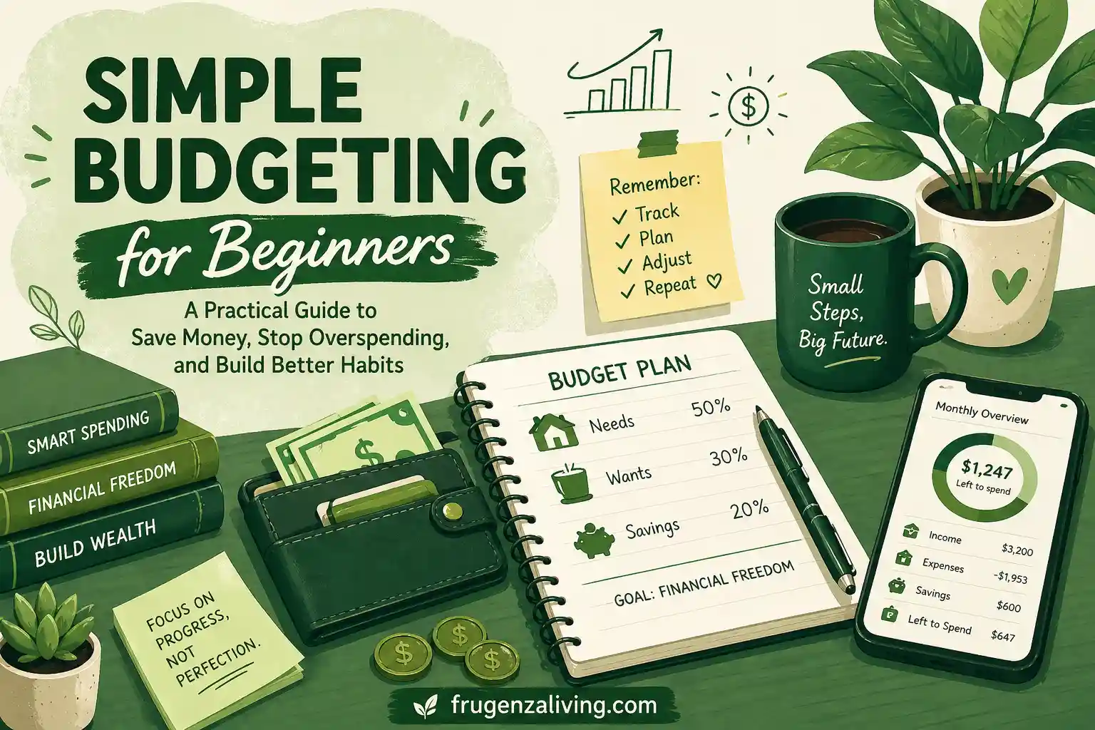 Simple budgeting for beginners illustration showing budgeting plan, tracking expenses, and saving money habits